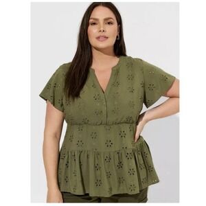 Torrid Olive Green Eyelet Flutter Sleeve Babydoll Tiered Top Size 1X